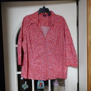 New Basic Editions Fuchsia Flowered 3/4 Sleeve Button Down Shirt Women's 2X